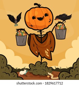 Halloween-Hintergrund mit Skarecrow und Eimer gefüllt mit Süßigkeiten