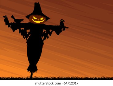 Halloween background with scarecrow and empty space for your text. 