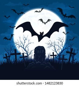 Halloween background with scary bats flying over the cemetery. Old gravestone and full Moon on blue night sky. Illustration can be used for holiday cards, invitations and banners.