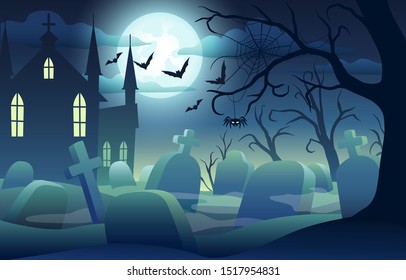 Halloween background with scary castle at night, pumpkins, bats and big moon on dark blue sky, graveyard with gravestones, old tree with spider web and owl, vector illustration