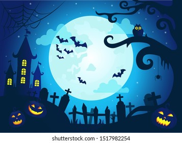 Halloween background with scary castle at night, pumpkins, bats and big moon on dark blue sky, graveyard with gravestones, old tree with spider web and owl, vector illustration