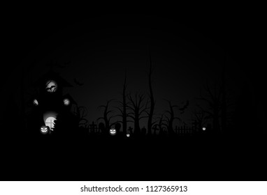 Halloween background and scary church on graveyard. Vector illumination