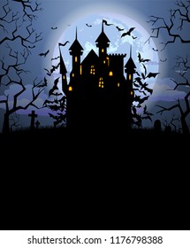 Halloween background with scary Dracula castle and various silhouettes of flying bats against full moon