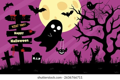 Halloween background with scary elements. Cartoon Halloween gift cards. Trendy holiday flyers for decoration cover, banner, card,  social media, event.