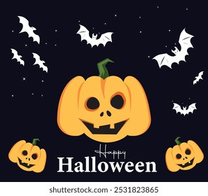 Halloween background with scary elements, Happy Halloween Text Banner, Vector eps, Halloween pumpkins, bats, holiday sweets. Autumn horror holiday, Halloween season event vector backdrop with scary