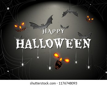 Halloween background with scary faces, bats, spiders and web.