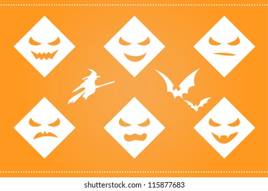Halloween background with scary faces and silhouettes on orange