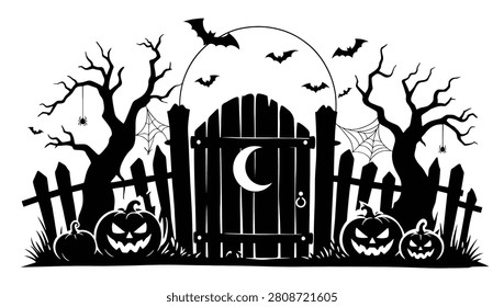 Halloween background with scary gate, pumpkins, trees, bats and spider webs
