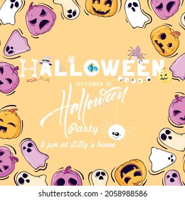 Halloween background with scary ghost and pumpkins. Spooky background of Halloween Party invitation. 