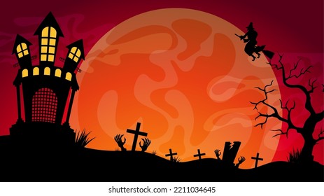 Halloween background. Scary haunted castle on graveyard, big ominous moon, creepy dry trees, flying bats. Banner for party invitation. Halloween vector illustration.