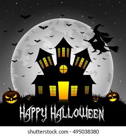 Halloween background with scary house and flying witch on the full moon