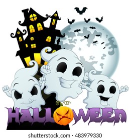 Halloween background with scary house halloween and ghosts.Vector illustration