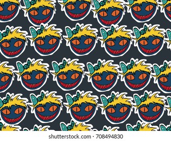 Halloween background. Scary monsters, bones, skulls and zombie.  Cute seamless pattern. Hand drawn illustration. 