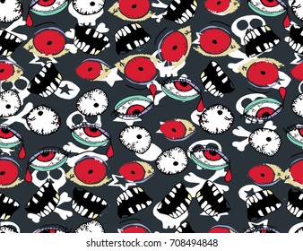 Halloween background. Scary monsters, bones, skulls and zombie.  Cute seamless pattern. Hand drawn illustration. 
