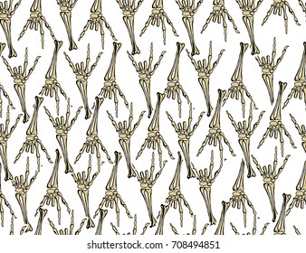 Halloween background. Scary monsters, bones, skulls and zombie.  Cute seamless pattern. Hand drawn illustration. 