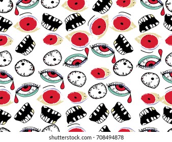 Halloween background. Scary monsters, bones, skulls and zombie.  Cute seamless pattern. Hand drawn illustration. 