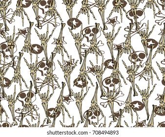 Halloween background. Scary monsters, bones, skulls and zombie.  Cute seamless pattern. Hand drawn illustration. 