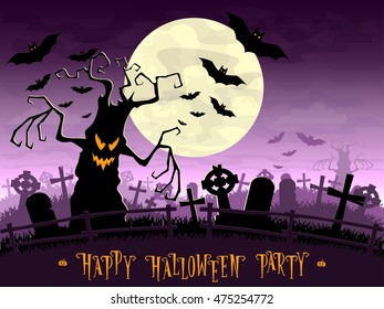 Halloween background. Scary monsters trees on old cemetery backdrop moon, bats and graves. Design for concept banner, poster, cards or invites on party. Cartoon style. Vector illustration