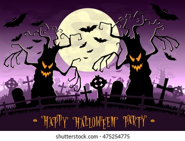 Halloween background. Scary monsters trees on old cemetery backdrop moon, bats and graves. Design for concept banner, poster, cards or invites on party. Cartoon style. Vector illustration