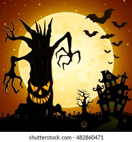 Halloween background. Scary monsters trees on cemetery with castle and full moon .Vector illustration