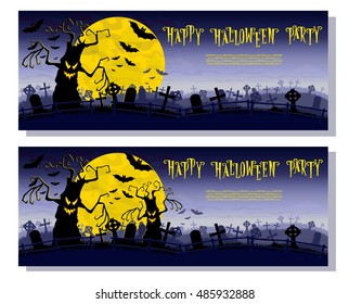 Halloween background. Scary monsters trees on old cemetery backdrop moon, bats and graves. Design for concept banner, poster, cards or invites on party. Cartoon style. Vector illustration