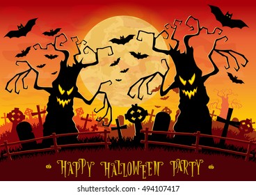 Halloween background. Scary monsters trees on old cemetery backdrop moon, bats and graves. Design for concept banner, poster, flyer, cards or invites on party. Cartoon style. Vector illustration
