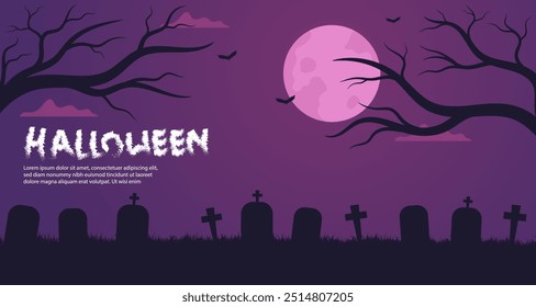 Halloween background scary on full moon night with graveyard and flying bats. Silhouette of trees and grass. Vector illustration