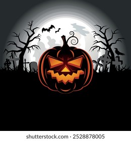 Halloween background with scary pumpkin in a cemetery vector illustration. Creepy pumpkin, shining moon and graveyard vector. Night spooky landscape with graves. Template for background, banner, card