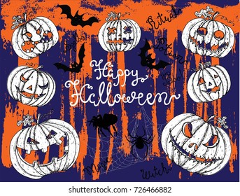 Halloween background with scary pumpkin heads jack lantern on texture pattern. Graphic vector engraved illustration, template for posters, invitations, banners