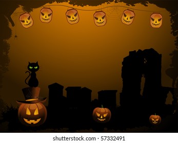 Halloween background with scary pumpkins and, graveyard and black cat