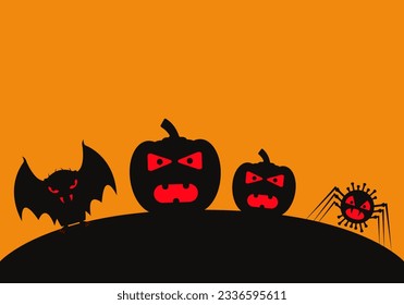 Halloween background with scary pumpkins, bat, spiders and monsters. Vector drawing and clipart.
