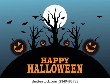 Halloween background with scary pumpkins and bats. Suitable for greeting card, poster and banner. vector illustration.
