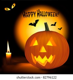 Halloween background with scary pumpkins, bats, cat eyes and a candle. Vector.