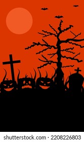 Halloween background with scary pumpkins, crosses, gravestones, spooky trees, flying bats and full moon. Black silhouettes horror Halloween concept on orange background.
