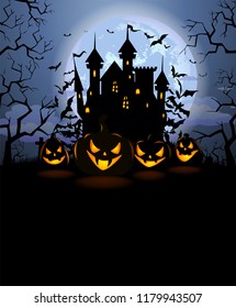 Halloween background with scary pumpkins, Dracula castle and various silhouettes of flying bats against full moon