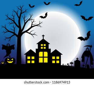 Halloween background with scary pumpkins, Dracula castle and various silhouettes of naked tree, flying bats against full moon and Spooky demon dead, vector illustration