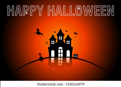 Halloween background with scary pumpkins, Dracula castle and various silhouettes of flying bats against.Vector illustrations