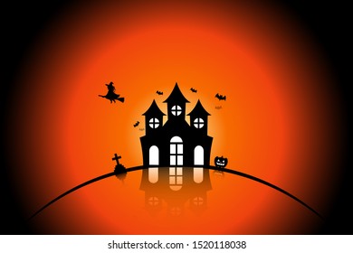 Halloween background with scary pumpkins, Dracula castle and various silhouettes of flying bats against.Vector illustrations