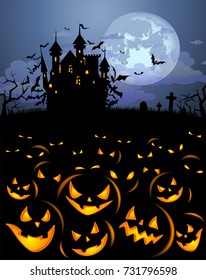 Halloween background with scary pumpkins, Dracula castle and various silhouettes of flying bats against full moon