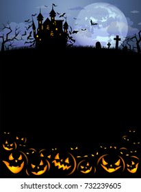 Halloween background and scary pumpkins  Dracula castle   various silhouettes flying bats against full moon