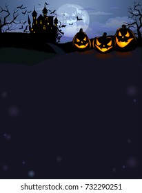 Halloween background with scary pumpkins, Dracula castle and various silhouettes of flying bats against full moon