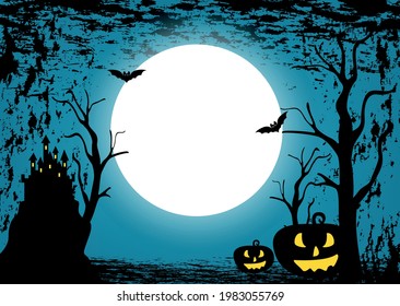 Halloween background with scary pumpkins, Dracula's castle and various silhouettes of flying bats against the full moon