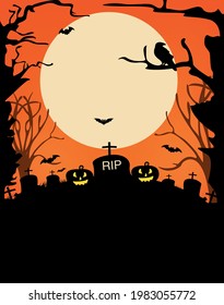 Halloween background with scary pumpkins, Dracula's castle and various silhouettes of flying bats against the full moon