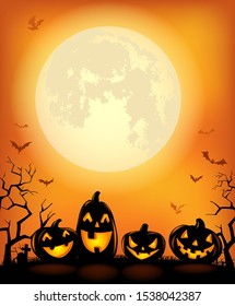 Halloween background with scary pumpkins and a full moon