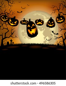 Fondo de Halloween con calabazas aterradoras y luna llena