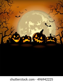 Halloween background with scary pumpkins and a full moon