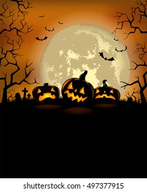 Halloween background with scary pumpkins and a full moon