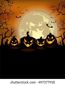 Halloween background with scary pumpkins and a full moon