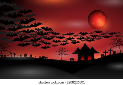 Halloween background with scary pumpkins, haunted house, tombstones, crosses, gravestones, spooky trees, flying bats and blood full moon. Black silhouettes horror Halloween concept.