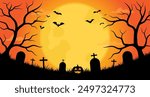 Halloween background with scary pumpkins on full moon night with graveyard and flying bats. Silhouette of trees and grass. Vector illustration